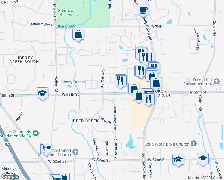 map of restaurants, bars, coffee shops, grocery stores, and more near 4951 Peony Place in Indianapolis