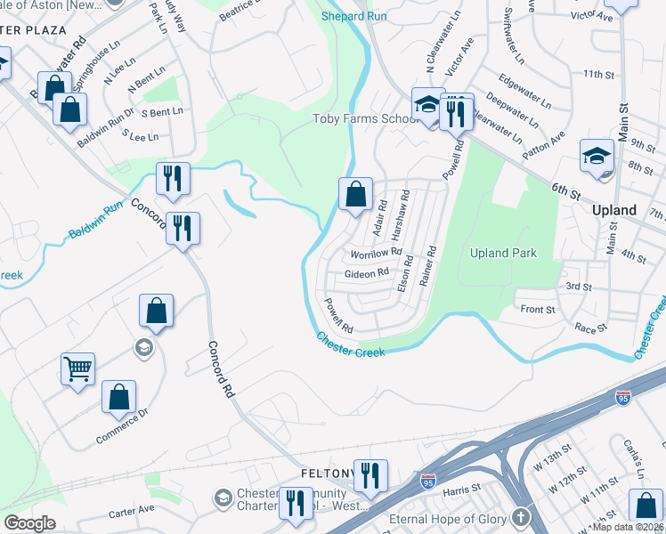 map of restaurants, bars, coffee shops, grocery stores, and more near 1421 Powell Road in Brookhaven