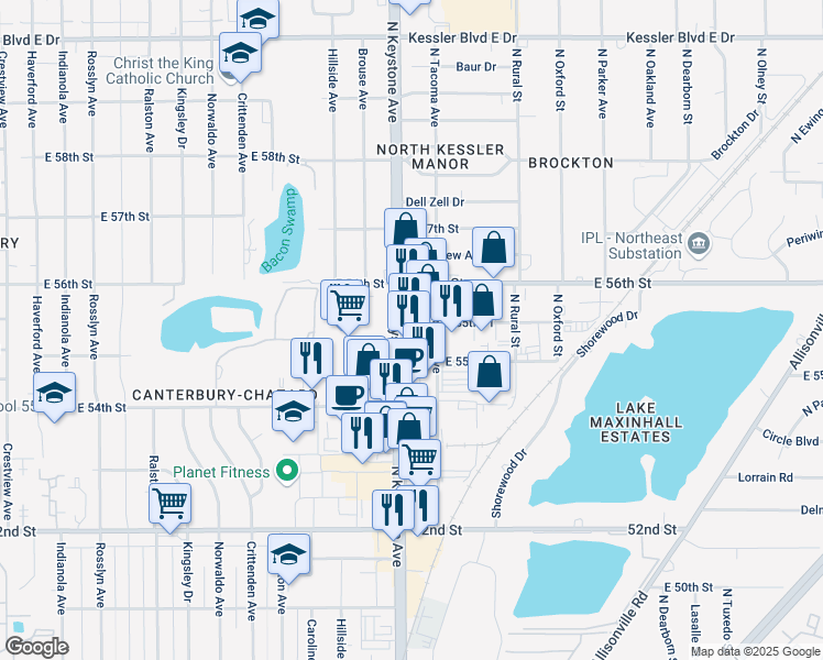 map of restaurants, bars, coffee shops, grocery stores, and more near 5535 North Keystone Avenue in Indianapolis