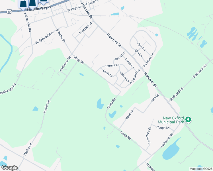 map of restaurants, bars, coffee shops, grocery stores, and more near 485 Lingg Road in New Oxford