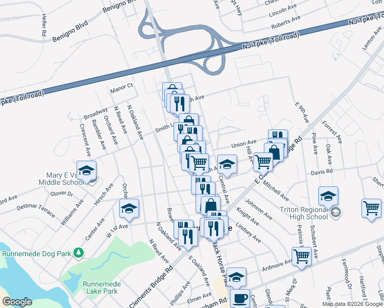 map of restaurants, bars, coffee shops, grocery stores, and more near 14 West 6th Avenue in Runnemede