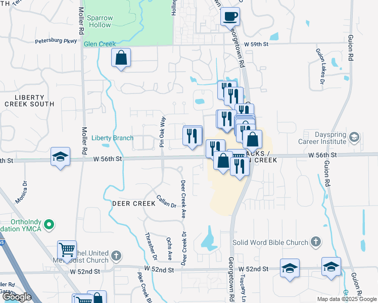 map of restaurants, bars, coffee shops, grocery stores, and more near 4911 Peony Place in Indianapolis
