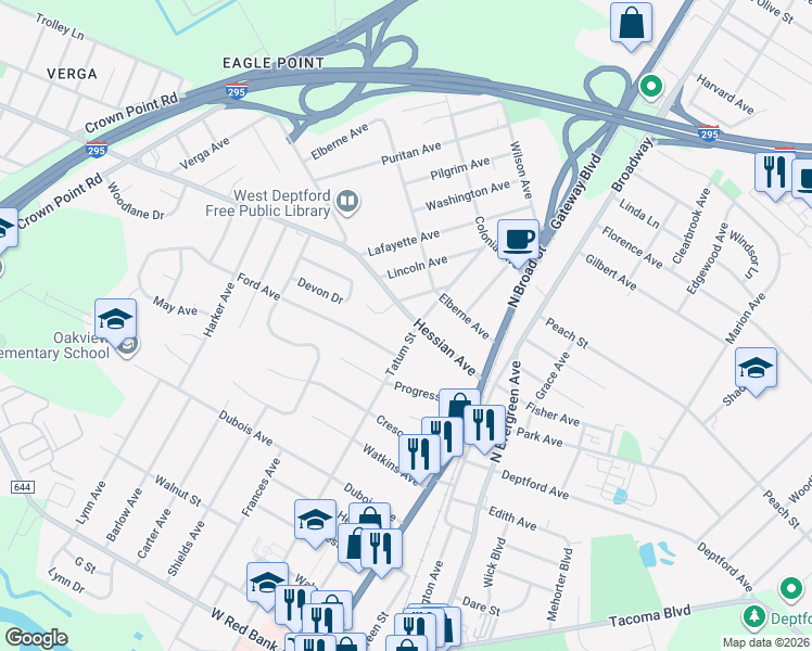 map of restaurants, bars, coffee shops, grocery stores, and more near 1165 Tatum Street in Woodbury
