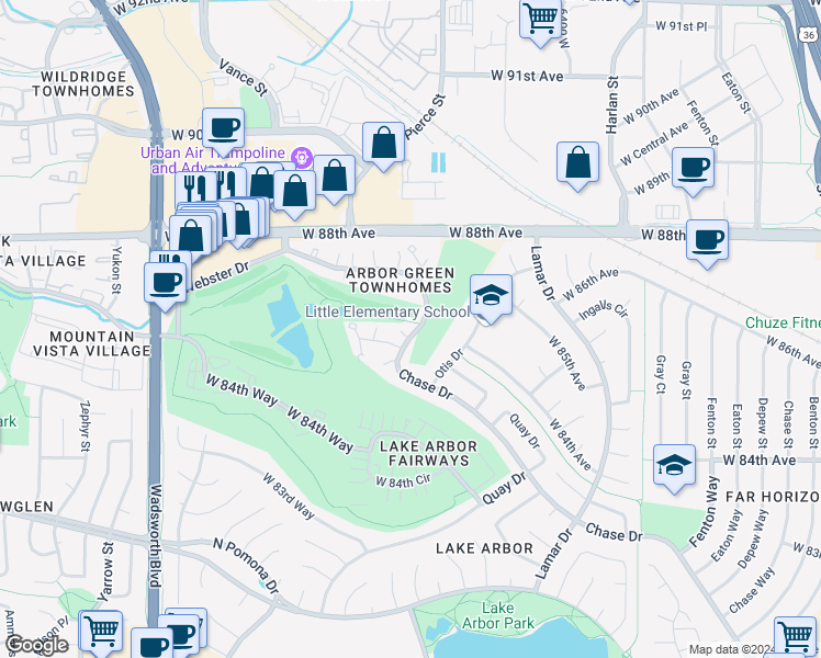 map of restaurants, bars, coffee shops, grocery stores, and more near 8727 Chase Drive in Arvada