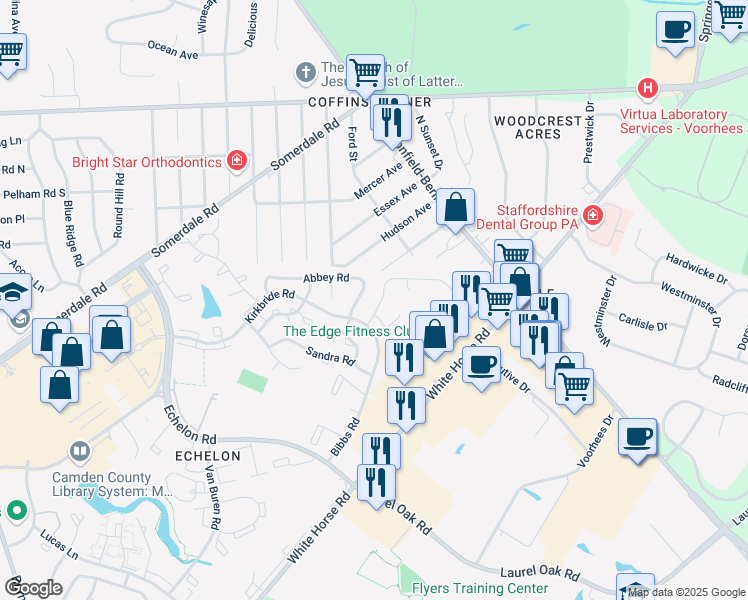 map of restaurants, bars, coffee shops, grocery stores, and more near 16 Franklin Drive in Voorhees Township