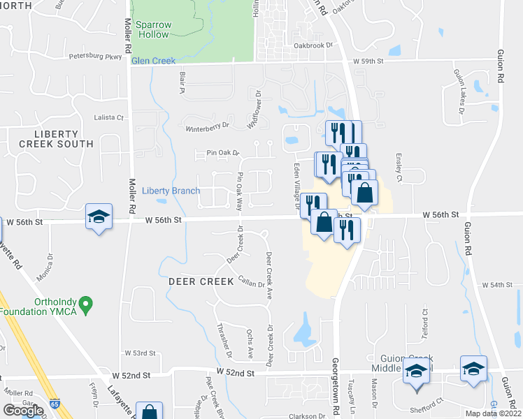 map of restaurants, bars, coffee shops, grocery stores, and more near 4951 Peony Place in Indianapolis