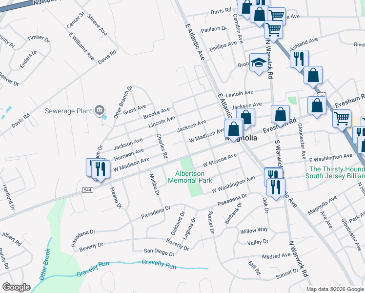 map of restaurants, bars, coffee shops, grocery stores, and more near 150 North Albertson Avenue in Magnolia