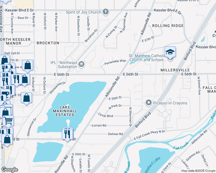 map of restaurants, bars, coffee shops, grocery stores, and more near 5518 Allisonville Road in Indianapolis