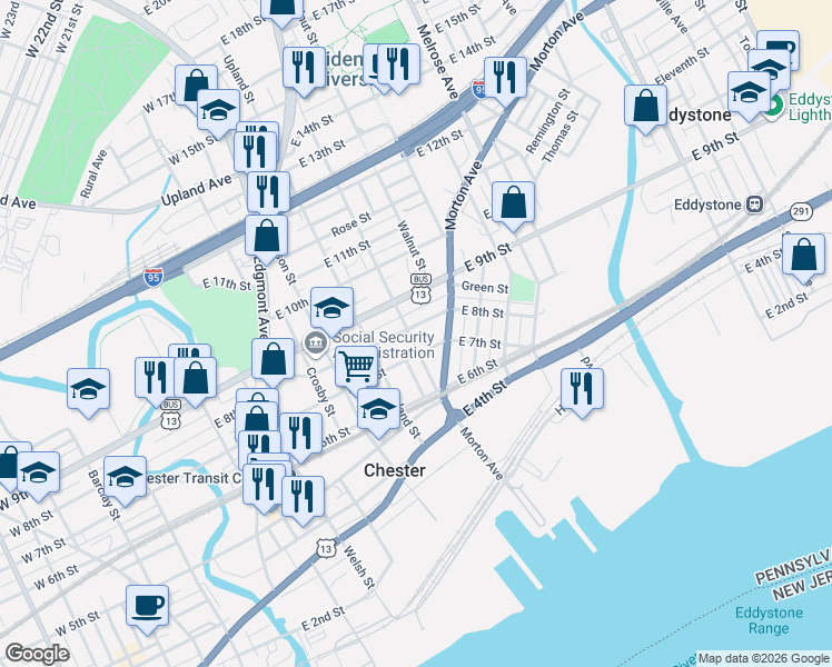map of restaurants, bars, coffee shops, grocery stores, and more near 433 East 8th Street in Chester