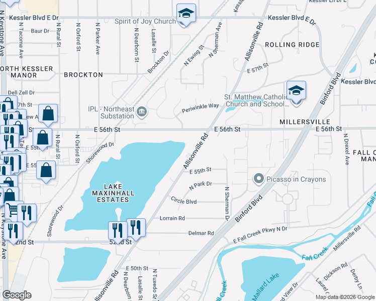 map of restaurants, bars, coffee shops, grocery stores, and more near 5518 Allisonville Road in Indianapolis