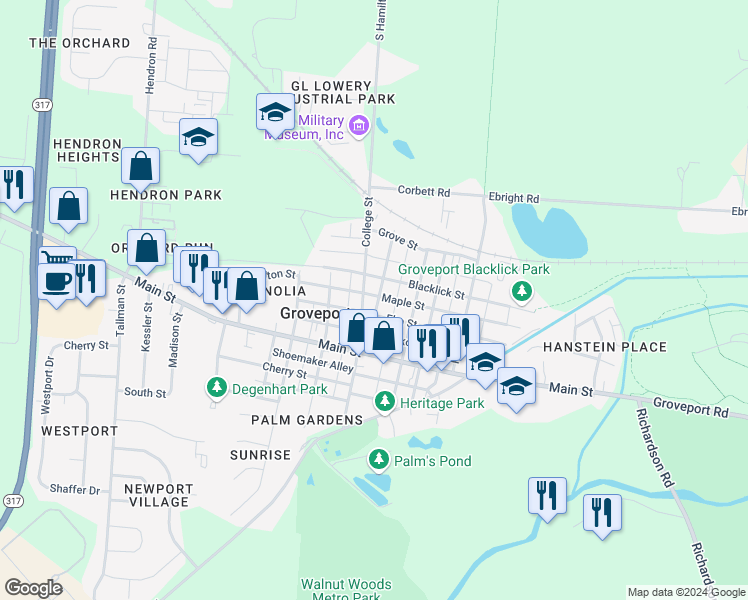 map of restaurants, bars, coffee shops, grocery stores, and more near 183 Church Street in Groveport