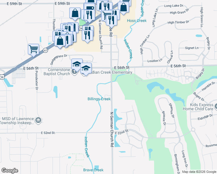 map of restaurants, bars, coffee shops, grocery stores, and more near 5488 North German Church Road in Indianapolis