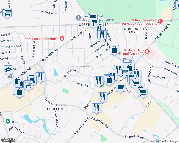 map of restaurants, bars, coffee shops, grocery stores, and more near 135 Abbey Road in Voorhees Township