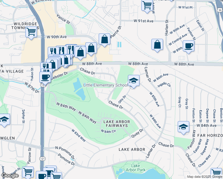map of restaurants, bars, coffee shops, grocery stores, and more near 8727 Chase Drive in Arvada