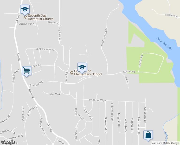 map of restaurants, bars, coffee shops, grocery stores, and more near 14974 Trails End Road in Magalia
