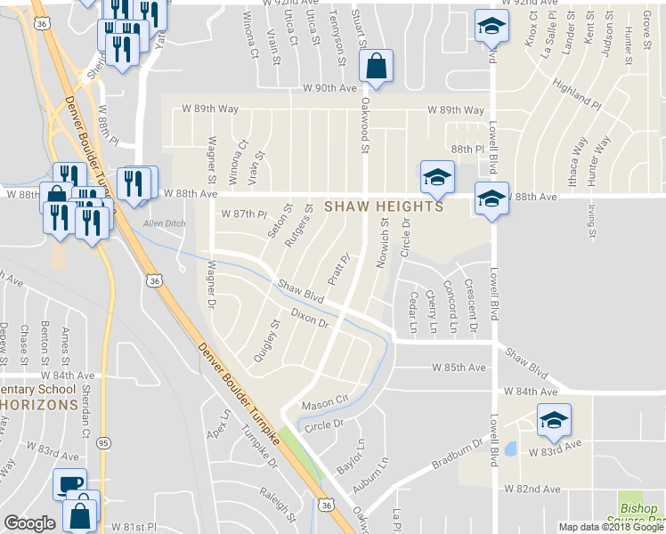 map of restaurants, bars, coffee shops, grocery stores, and more near 8641 Pratt Place in Westminster