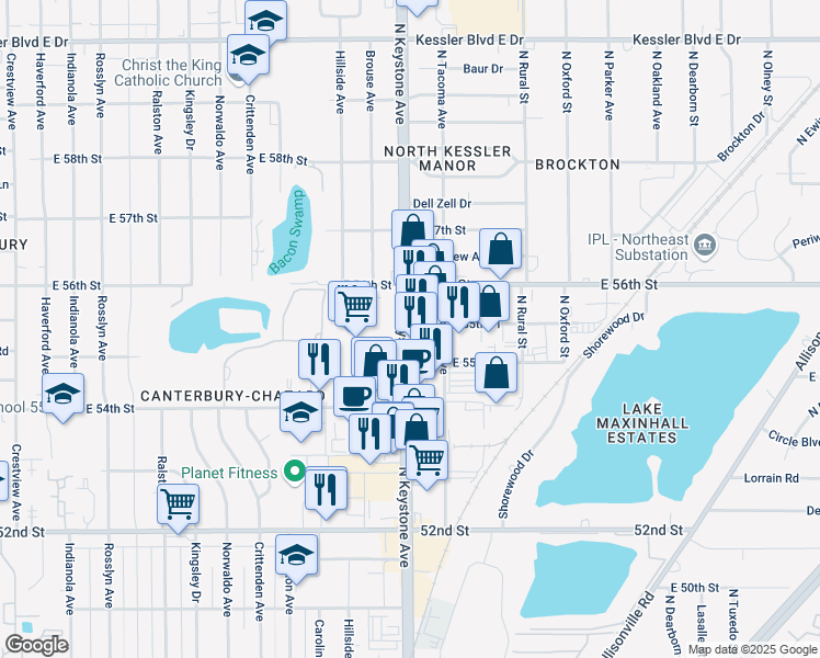 map of restaurants, bars, coffee shops, grocery stores, and more near 5556 North Keystone Avenue in Indianapolis