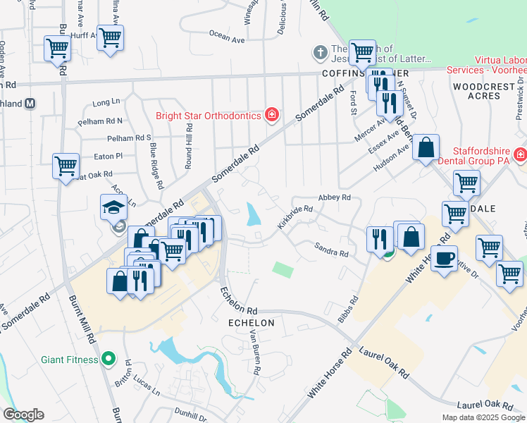 map of restaurants, bars, coffee shops, grocery stores, and more near 1129 Thackary Court in Voorhees Township