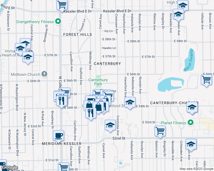 map of restaurants, bars, coffee shops, grocery stores, and more near 1211 Crawford Drive in Indianapolis