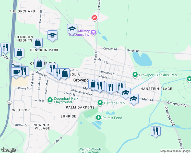 map of restaurants, bars, coffee shops, grocery stores, and more near 186 College Street in Groveport