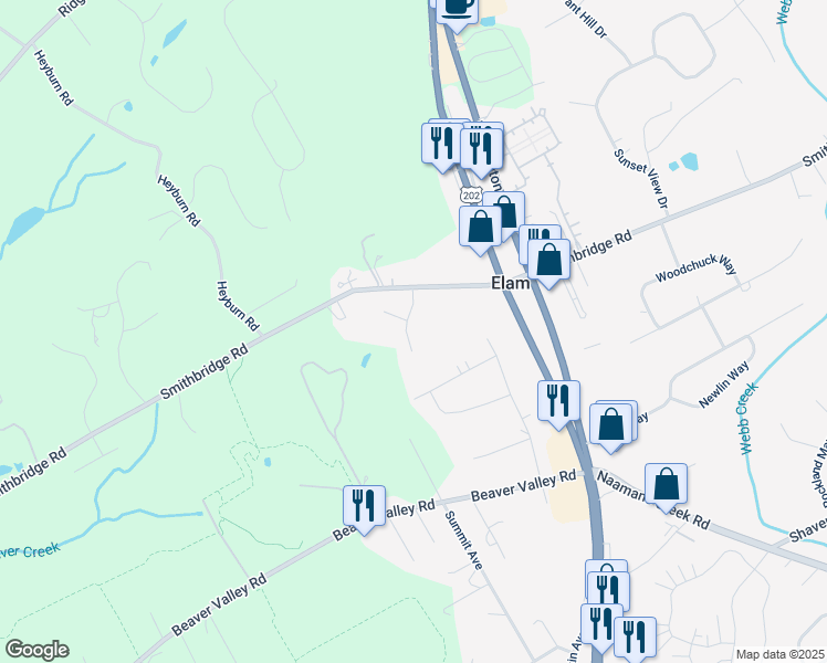 map of restaurants, bars, coffee shops, grocery stores, and more near 5 Feldspar Drive in Chadds Ford