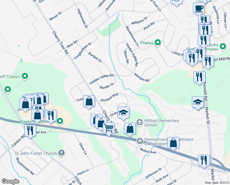 map of restaurants, bars, coffee shops, grocery stores, and more near 613 Orchard Way in Aston