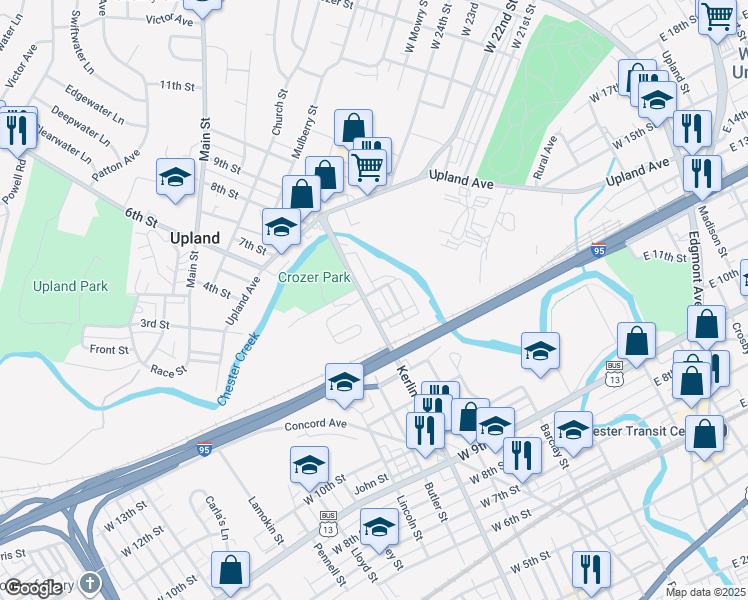 map of restaurants, bars, coffee shops, grocery stores, and more near 1333 Kerlin Street in Chester