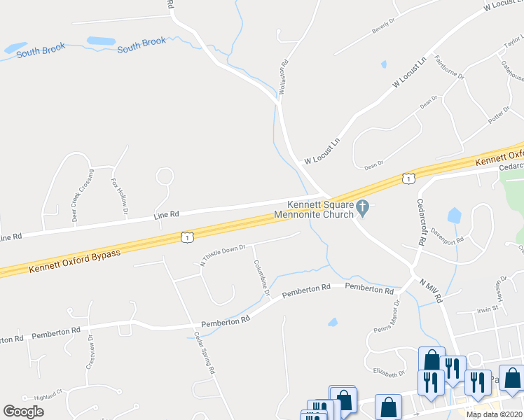 map of restaurants, bars, coffee shops, grocery stores, and more near 206 Line Road in Kennett Square