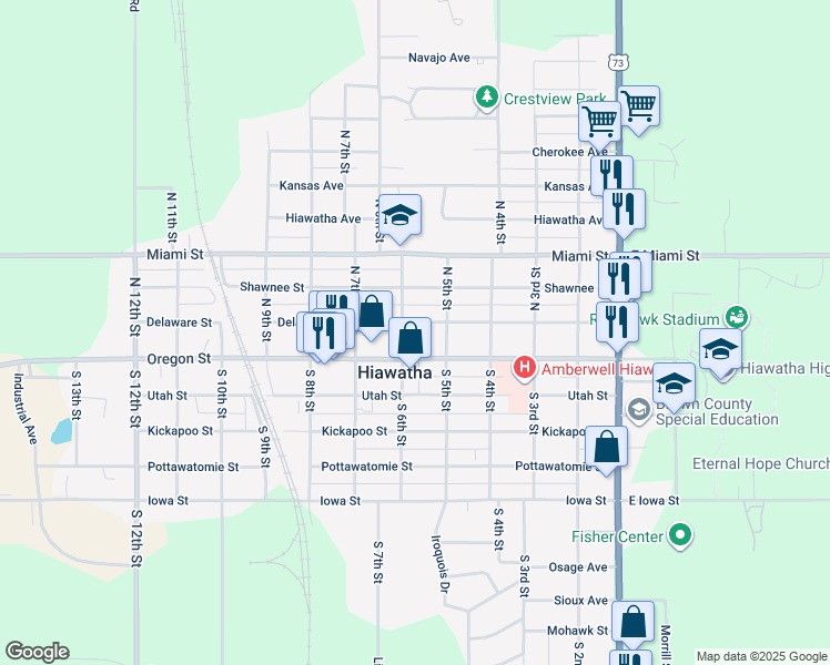 map of restaurants, bars, coffee shops, grocery stores, and more near 511 Delaware Street in Hiawatha