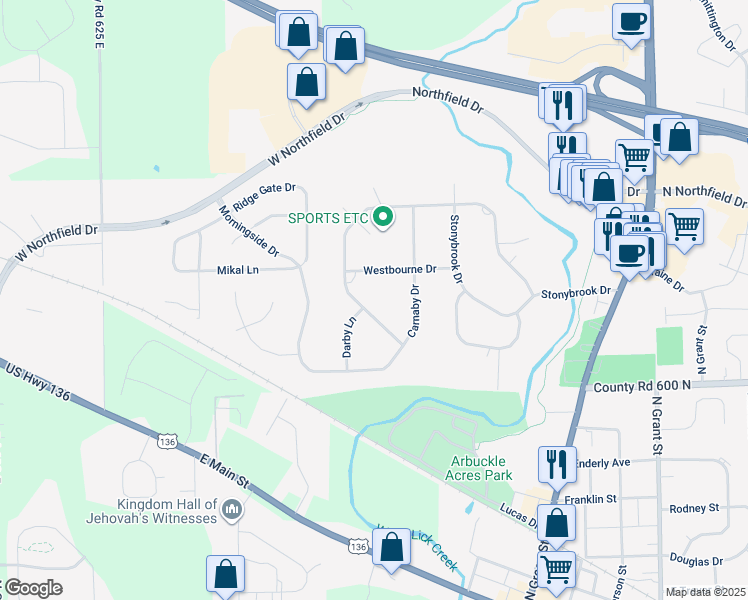 map of restaurants, bars, coffee shops, grocery stores, and more near 150 Timber Lane in Brownsburg