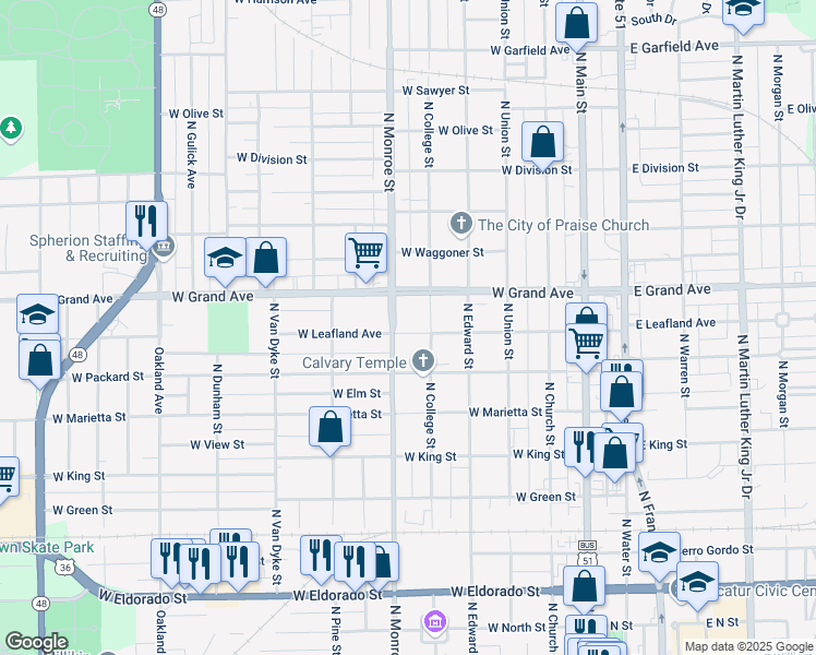 map of restaurants, bars, coffee shops, grocery stores, and more near 501-599 West Leafland Avenue in Decatur
