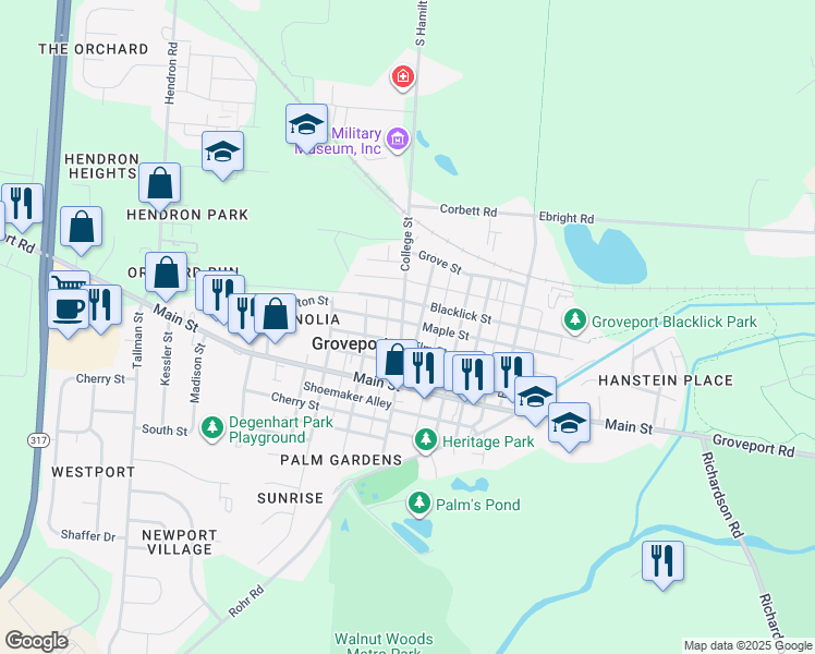 map of restaurants, bars, coffee shops, grocery stores, and more near 184 College Street in Groveport