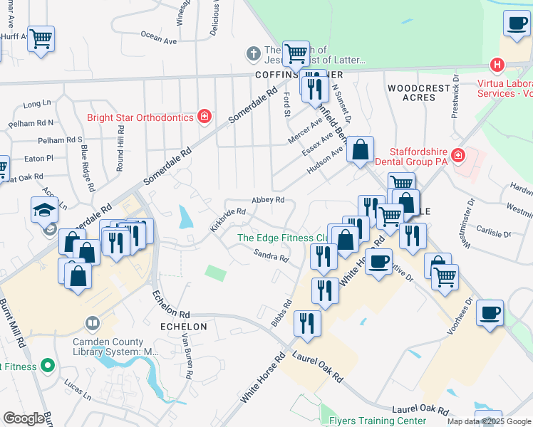 map of restaurants, bars, coffee shops, grocery stores, and more near 205 Winchester Court in Voorhees Township