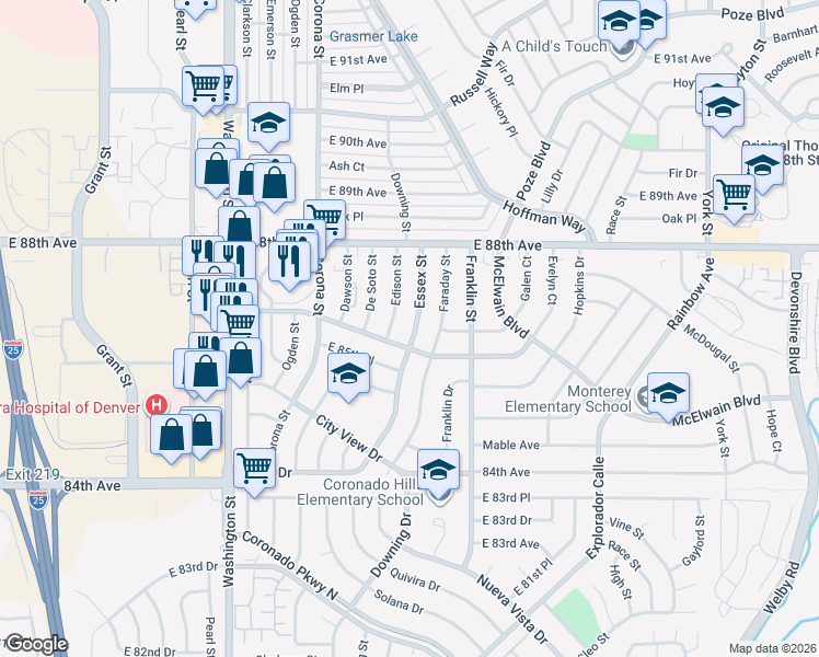 map of restaurants, bars, coffee shops, grocery stores, and more near 8640 Edison Street in Denver
