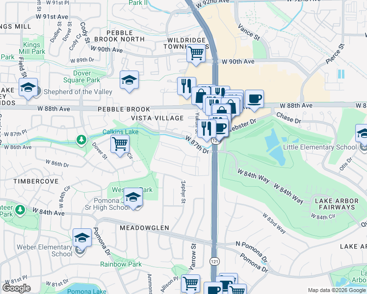 map of restaurants, bars, coffee shops, grocery stores, and more near 7720 West 87th Drive in Arvada