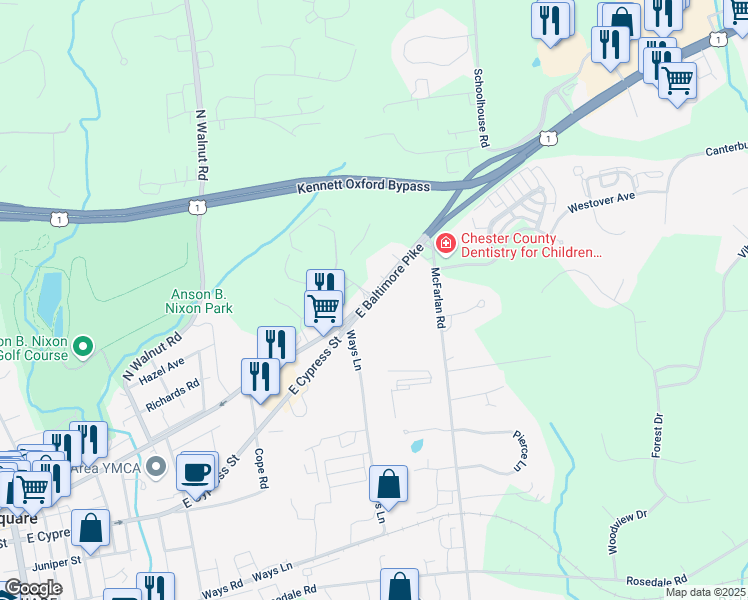 map of restaurants, bars, coffee shops, grocery stores, and more near 100 Exelon Way in Kennett Square