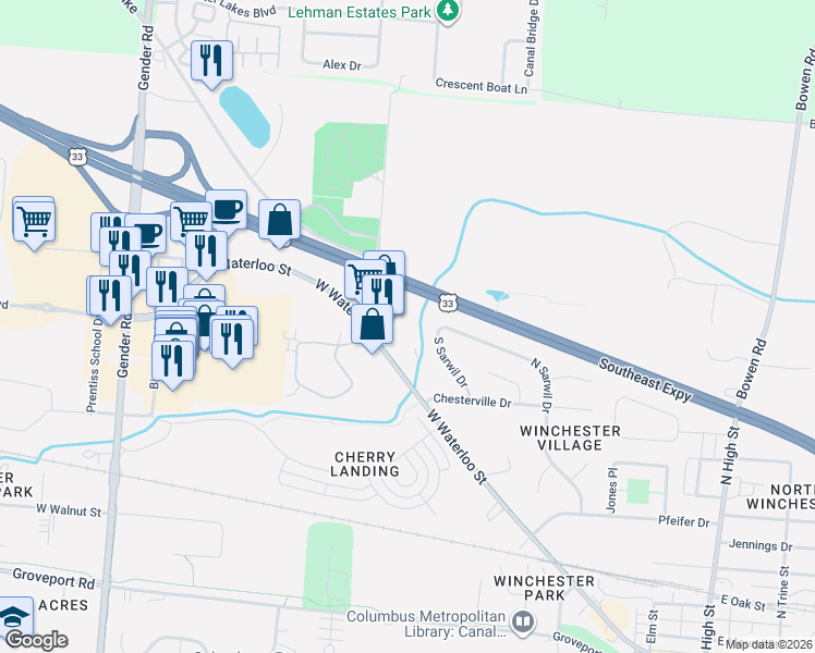 map of restaurants, bars, coffee shops, grocery stores, and more near 439 Sarwil Drive South in Canal Winchester