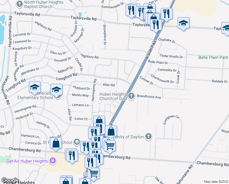 map of restaurants, bars, coffee shops, grocery stores, and more near 6746 Barbara Drive in Dayton