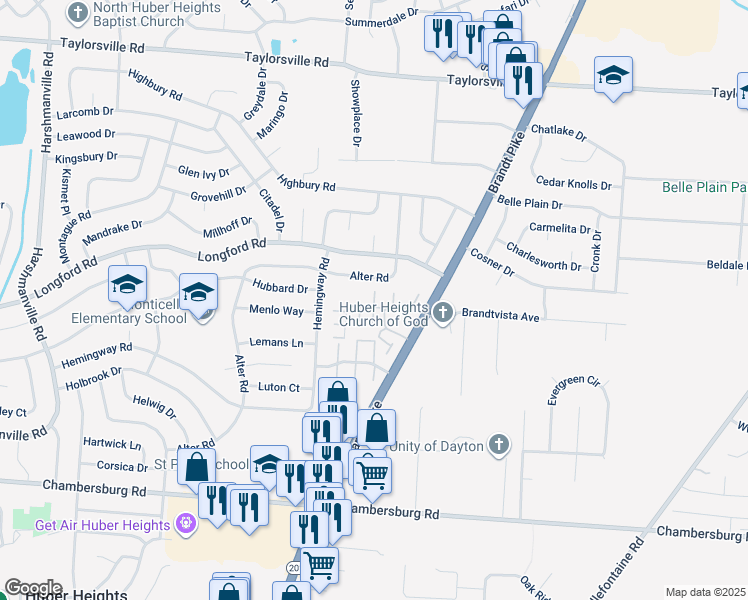 map of restaurants, bars, coffee shops, grocery stores, and more near 6724 Barbara Drive in Dayton