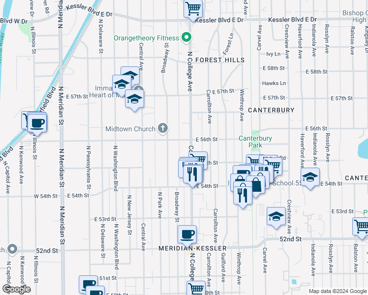 map of restaurants, bars, coffee shops, grocery stores, and more near 5532 North College Avenue in Indianapolis