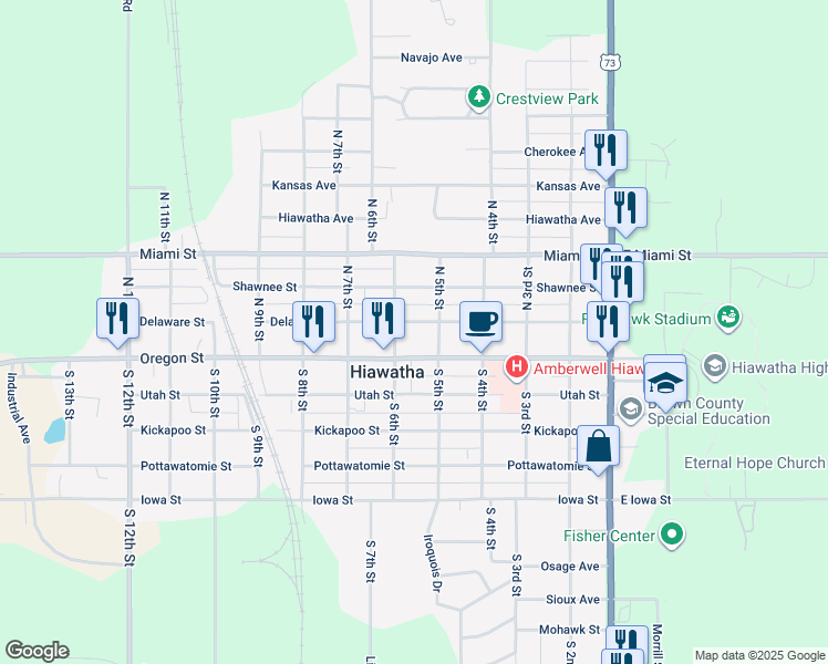 map of restaurants, bars, coffee shops, grocery stores, and more near 511 Delaware Street in Hiawatha