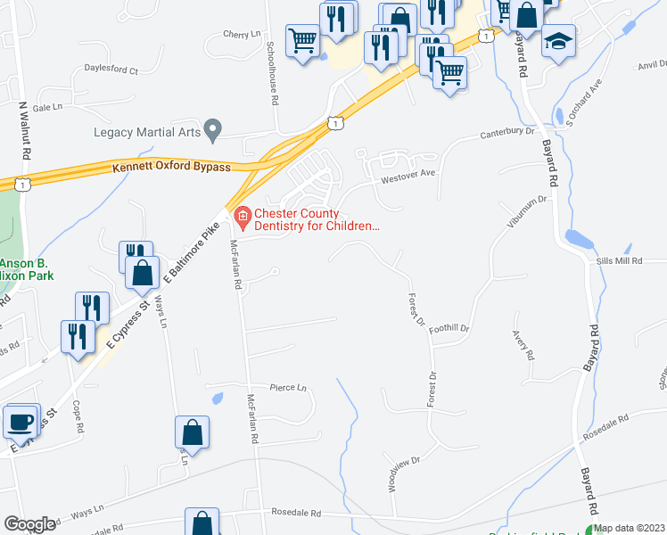 map of restaurants, bars, coffee shops, grocery stores, and more near 159 Forest Drive in Kennett Square