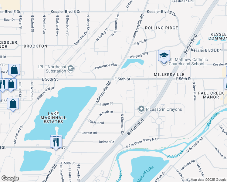 map of restaurants, bars, coffee shops, grocery stores, and more near 5535 Allisonville Rd in Indianapolis