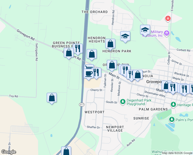 map of restaurants, bars, coffee shops, grocery stores, and more near 6011 Groveport Road in Groveport