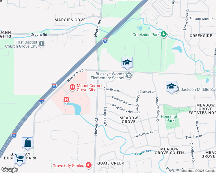 map of restaurants, bars, coffee shops, grocery stores, and more near 5340 Spring Hill Road in Grove City