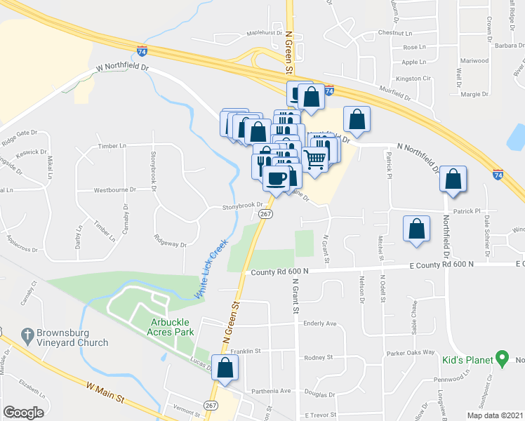 map of restaurants, bars, coffee shops, grocery stores, and more near 31 Northridge Court in Brownsburg