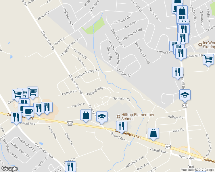 map of restaurants, bars, coffee shops, grocery stores, and more near 701 Hawthorne Lane in Aston