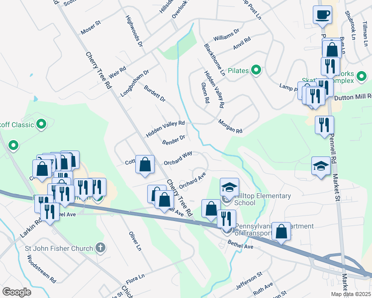 map of restaurants, bars, coffee shops, grocery stores, and more near 613 Orchard Way in Aston