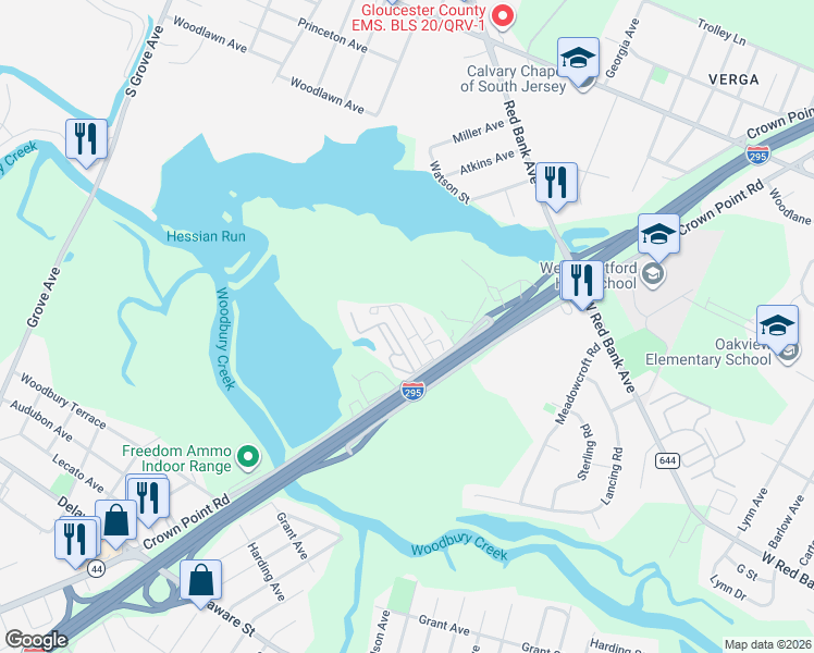map of restaurants, bars, coffee shops, grocery stores, and more near 1762 Crown Point Road in West Deptford