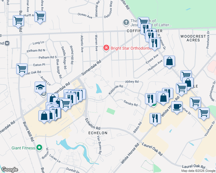 map of restaurants, bars, coffee shops, grocery stores, and more near 1144 Golden Pond Court in Voorhees Township